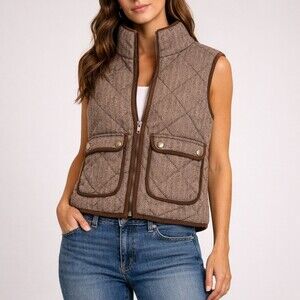 Altar'd State Vest Womens Size S Brown Herringbone Quilted Full Zip